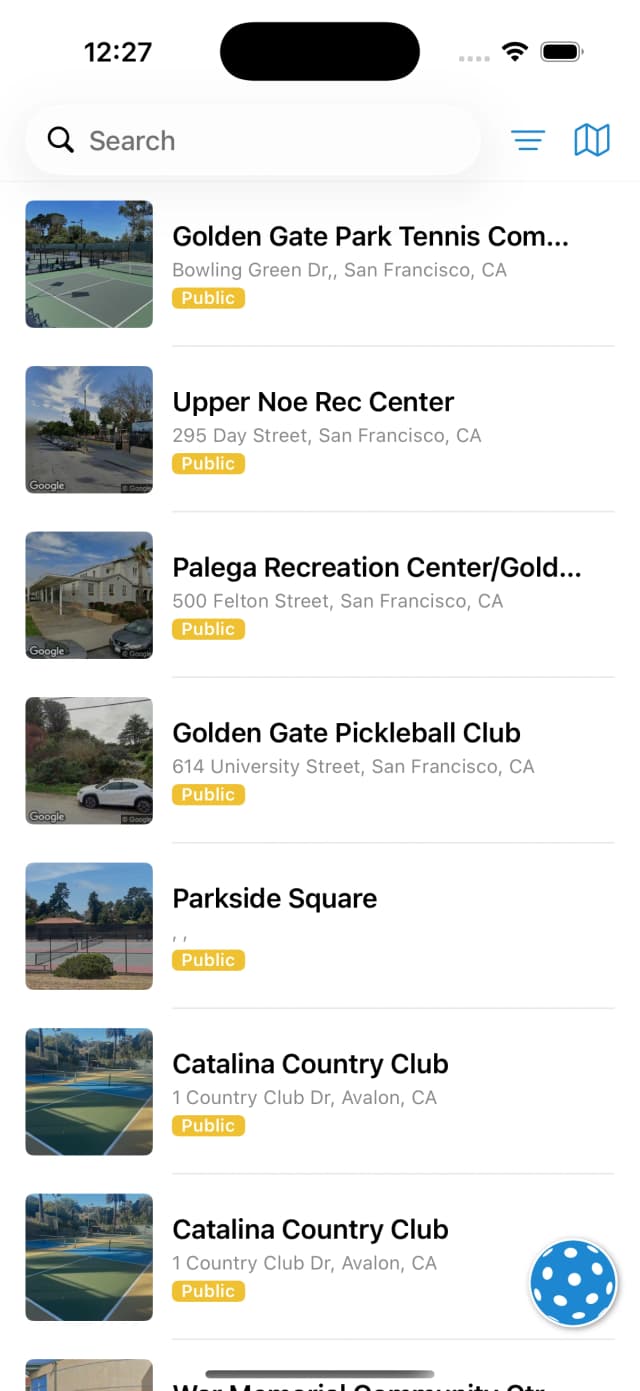 Pickleball Plus list view showing nearby pickleball courts