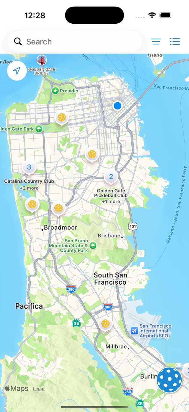 Pickleball Plus app showing court map view in San Francisco
